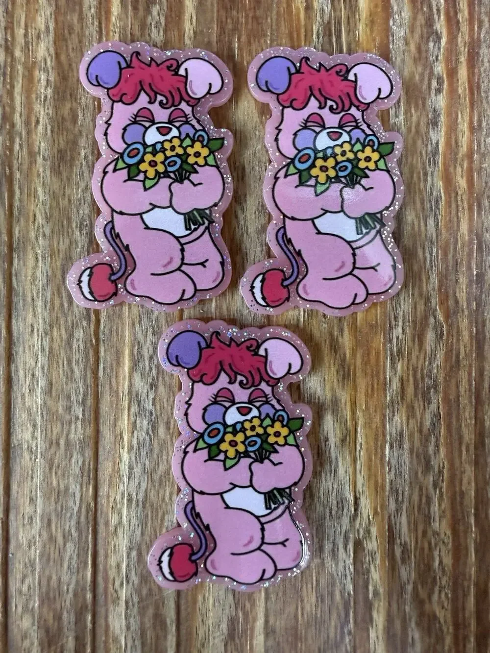 3 Pc Care Bear With Flowers Acrylic Flatbacks